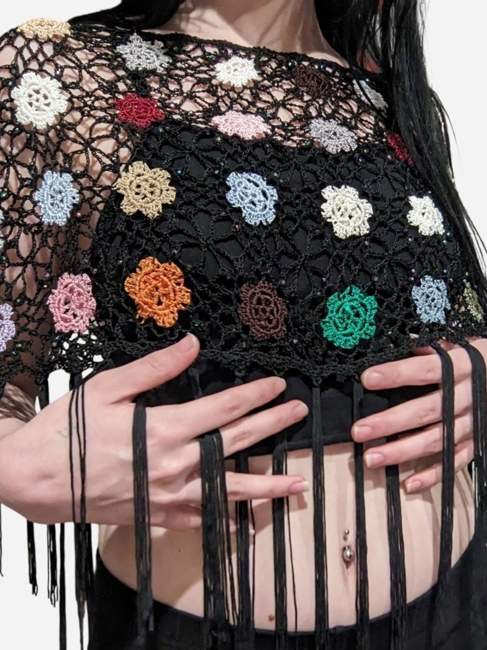 Crochet Floral Fringe Poncho - Black with Multicolor Flowers